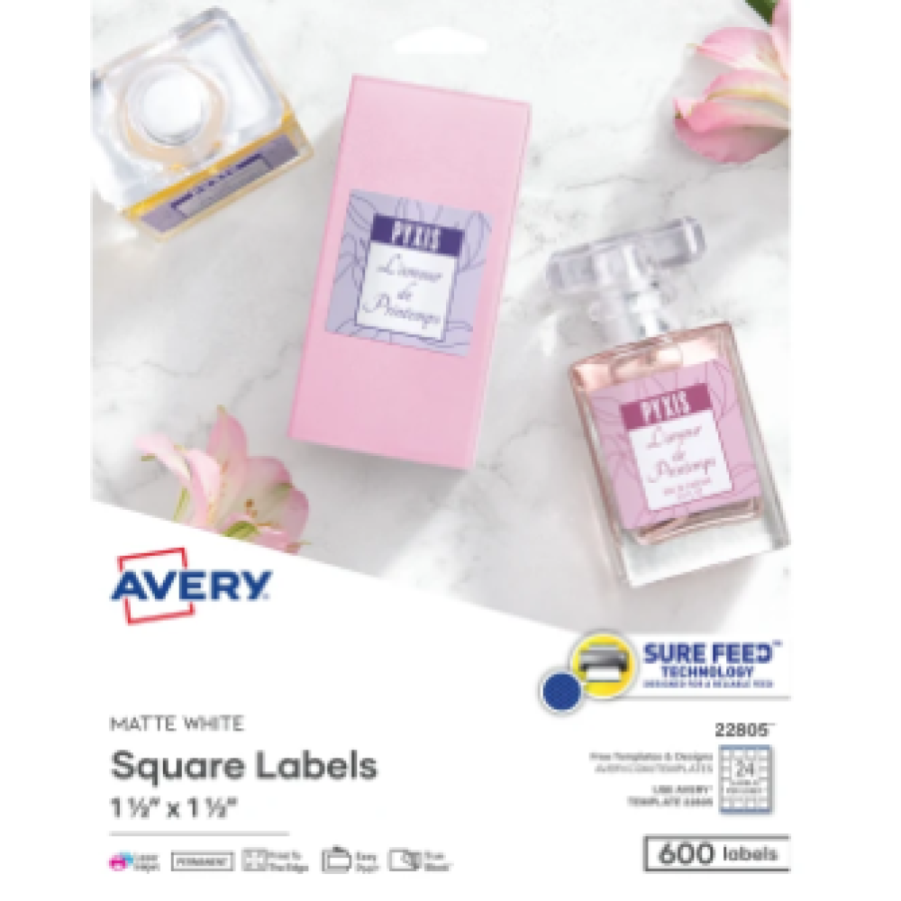 Avery 1-1/2" x 1-1/2" Square Labels with Sure Feed, 600 Labels, Permanent Adhesive, Matte White 