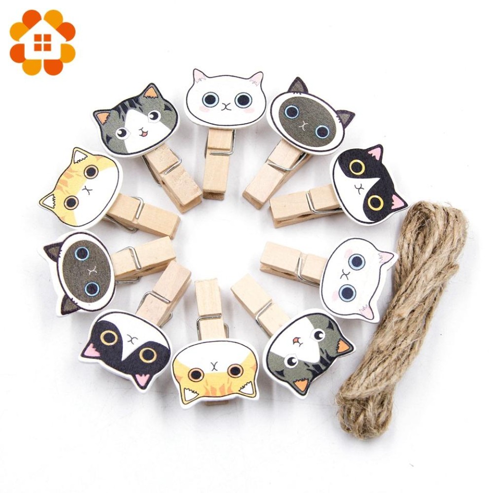 Small size Cat wood Clips set of 10 