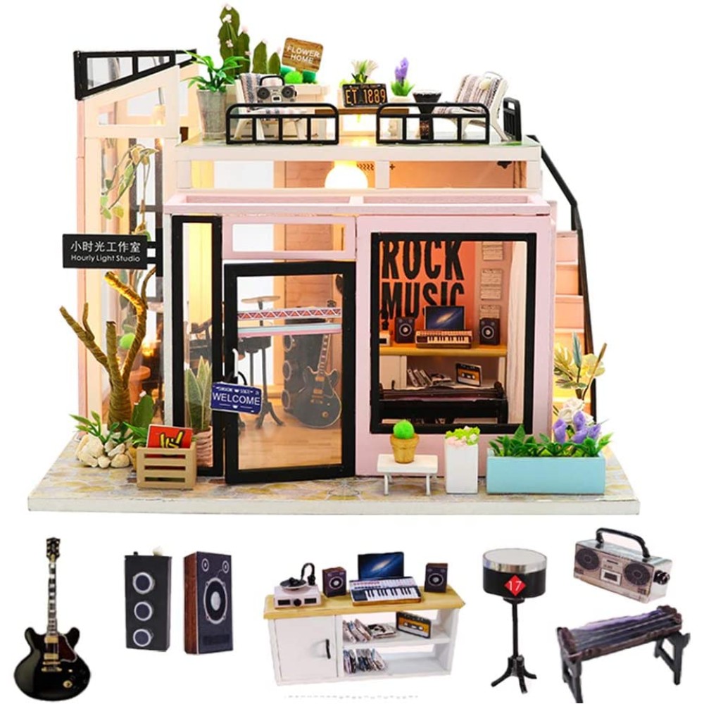 DIY Miniature Dollhouse Kit Tiny Furniture Modern Music Studio with Music Movement