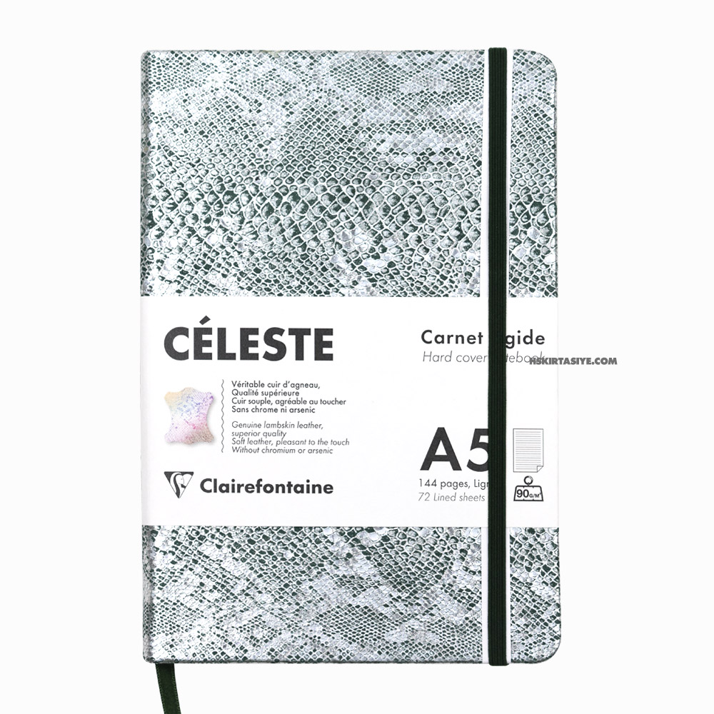 Clairefontaine CELESTE Leather Hard Cover A5 Lined Notebook Green Laser Silver