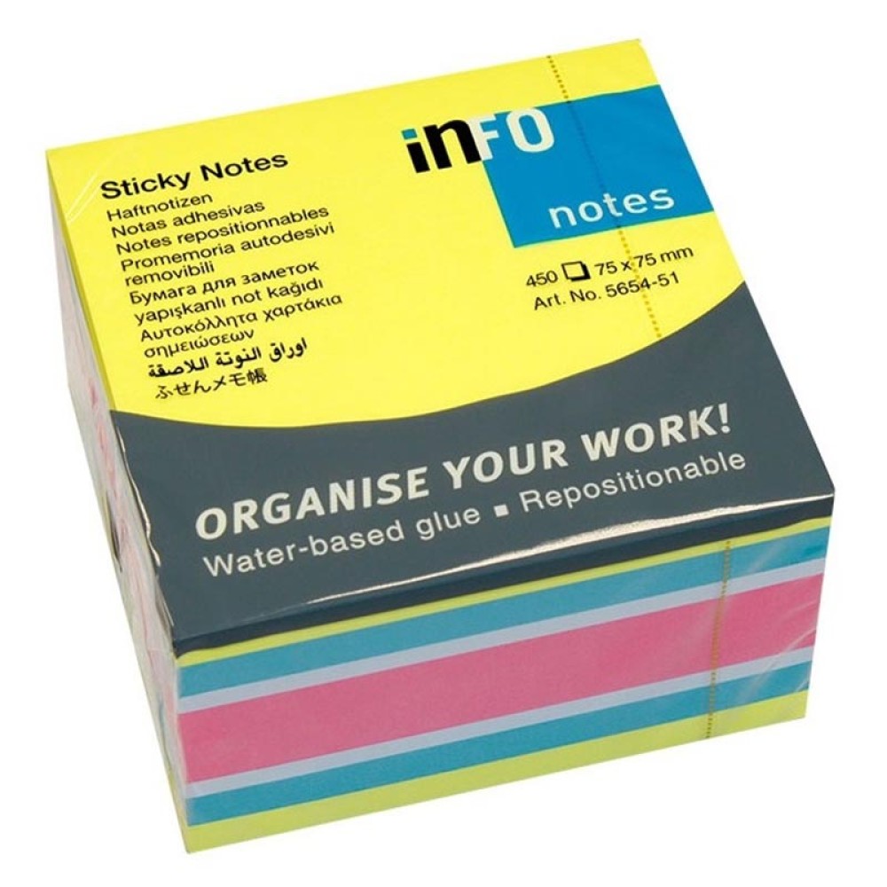 STICKY NOTES, BRILLIANT MIX CUBE, 450 SHEETS 75 X 75