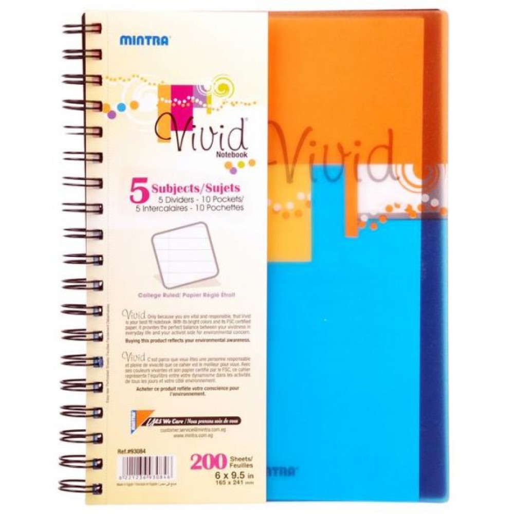 Mintra Vivid Notebook, 5 Subject A5 200 Sheets