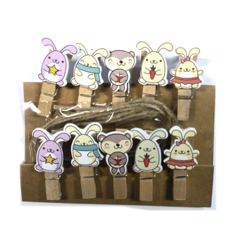 Rabbit shape wood Clips - set of 10 